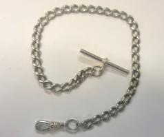 Early c20th silver pocket watch chain with 'T' bar and snap  9.5" - 10 grams.