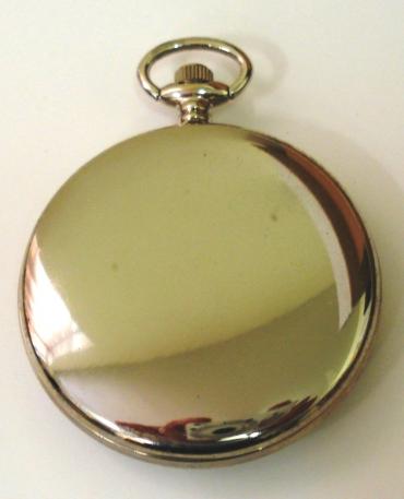 New white metal open face quartz pocket watch by the Rapport Company. Swiss movement with 24hr white dial, black painted hands and hour markers, and sweep second hand. Together with white metal fob chain with pocket clip and bow snap.