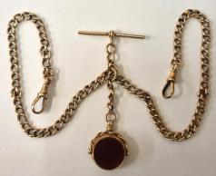 9ct rose gold double albert, 'T' bar, 2 snaps and stone set fob  18" - 21 grams.
