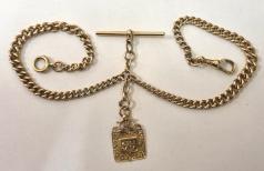 9ct gold graduated double albert, 'T' bar, snap and 9ct fob  18" - 44 grams