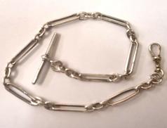 Pocket watch chain c1900 with 'T' bar, snap and trombone links  15" - 29 grams