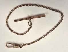Gold plated pocket watch chain with 'T' bar and snap  10".