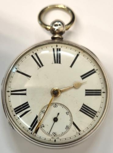 English silver cased fusee lever pocket watch by John Sharpe of York hallmarked for London c1876. Key wind and time change with white enamel dial and black Roman hours with gilt hour and minute hands and subsidiary seconds dial. Full plate fusee movement with English jewelled lever escapement and numbered 50669. Case diameter - 52mm.