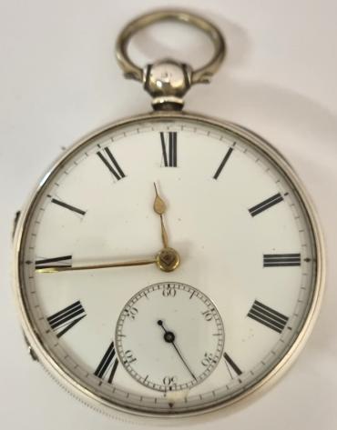 English silver cased fusee lever pocket watch by R.B.Kirby of Malton hallmarked for London c1873. Key wind and time change with white enamel dial and black Roman hours with gilt hour and minute hands and subsidiary seconds dial. Full plate fusee movement with English jewelled lever escapement and numbered 17277, the silver case signed 'BW' and stamped 'W.T.R' and repeating the number 17277. Case diameter - 48mm.