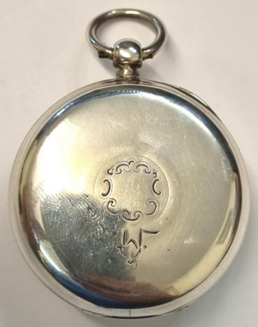 English full plate lever pocket watch by Arthur Dickinson of Market Place, Selby in a silver case hallmarked for Chester c1898 and numbered 77519. Key wind and time change with signed white enamel dial with black Roman hours and gilt hands with subsidiary seconds dial. Back plate signed and numbered 77519 with full plate lever movement with plain cock piece and split bi-metallic jewelled balance. Case Diameter - 54mm.