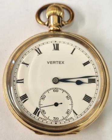 Swiss Vertex pocket watch with top wind and time change in a gold plated Dennison Moon case numbered 828494. Signed white enamelled dial with black Roman hours and blued steel hands with subsidiary seconds dial at 6o/c. Swiss made Vertex signed calibre 31 15 jewel jewelled lever movement with overcoil hairspring..