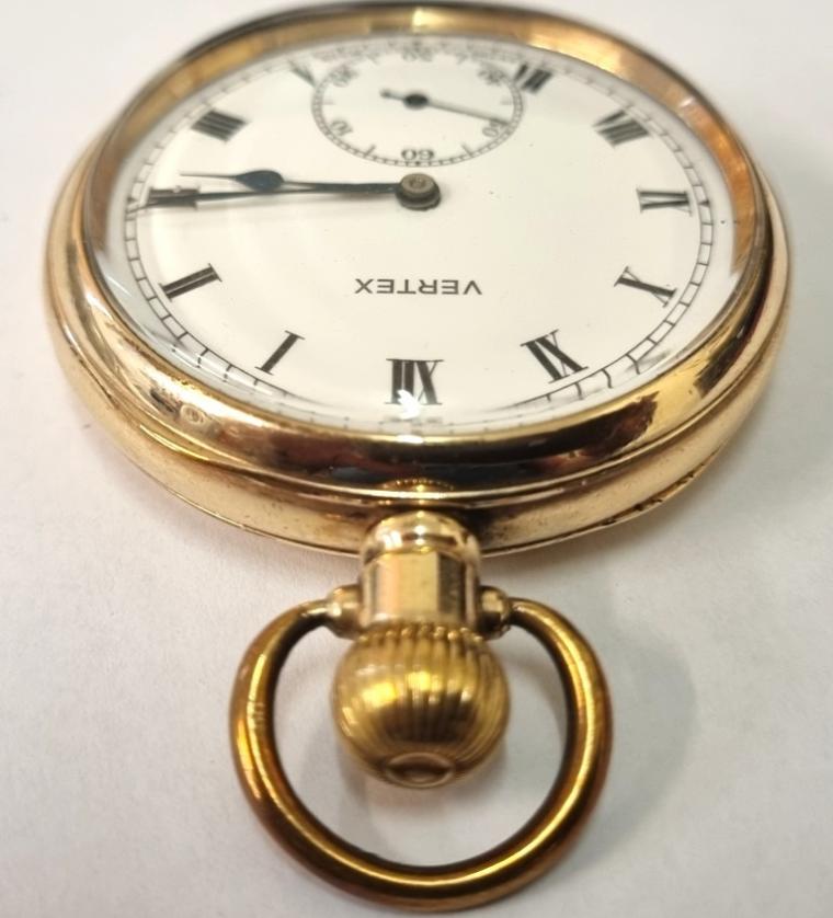 Swiss Vertex pocket watch with top wind and time change in a gold plated Dennison Moon case numbered 828494. Signed white enamelled dial with black Roman hours and blued steel hands with subsidiary seconds dial at 6o/c. Swiss made Vertex signed calibre 31 15 jewel jewelled lever movement with overcoil hairspring.