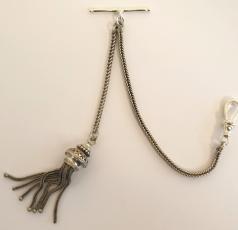 Silver watch chain with 't' bar, snap and decorative tassel