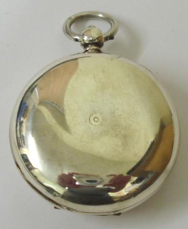 English silver cased key wound fusee verge full hunter pocket watch by Wm. Fowle of Uckfield, hallmarked throughout for London c1832. White enamel dial, black roman hours and blued hands. Engraved back plate signed and numbered #2331 with undecorated cock piece and diamond end stone.