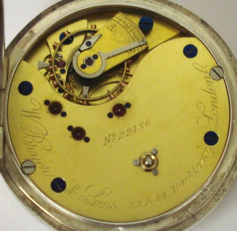 English silver cased open face pocket watch by W.Bryer & Sons of London, hallmarked for 1908. White enamel dial with black roman hours, blued steel hands and subsidiary seconds dial. Top wind and rocking bar time change three quarter plate jewelled lever movement with split bi-metallic balance and over coil hair spring and numbered #22136.