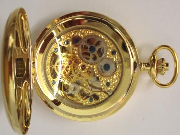 New gold plated full hunter pocket watch by the Rapport Company complete with all paperwork and box. Top wind and time change mechanical skeletonised movement with white chapter ring, black roman hour markers and ornate black painted hands.