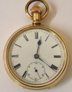 English gold plated cased pocket watch in a Dennison 'Star' case. White enamel dial with black roman hours and blued steel hands with a subsidiary seconds dial. Jewelled lever movement with split bi-metallic balance and overcoil hair spring and stamped 'Made in England' and numbered #829487 with case number #190041.