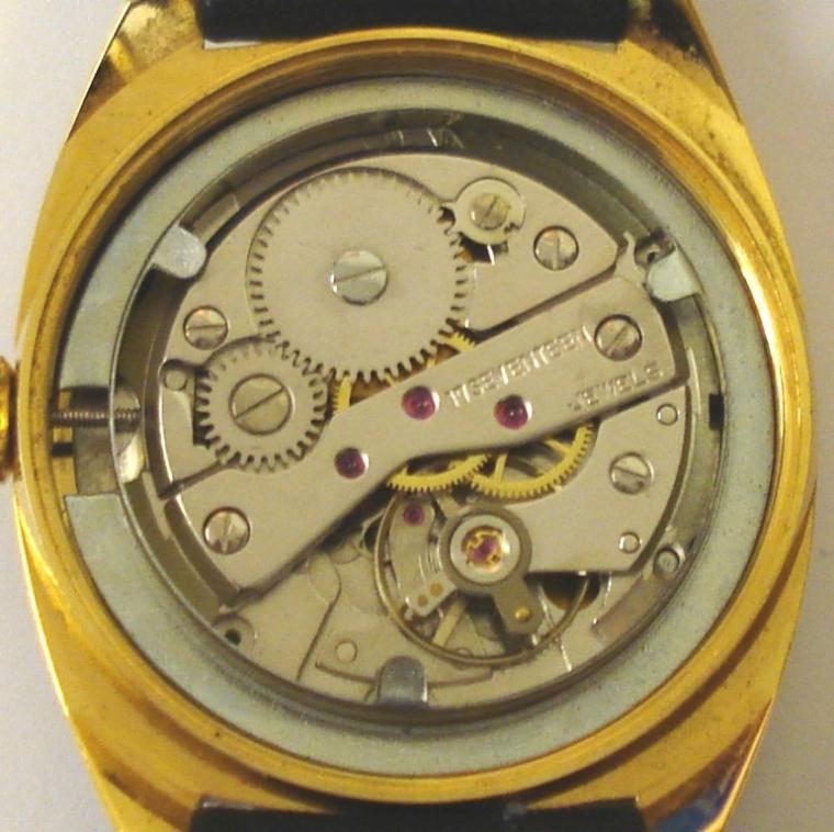 German Lorsa manual wind wrist watch in a gold plated case with stainless steel back, on a black leather strap with gilt buckle. Silvered dial with gilt and black hour markers and matching hands with sweep seconds and date display at 3 o/c. 17 jewel incabloc movement with screw on case back marked for retailer F.HINDS.