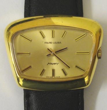 Gents Swiss Favre Leuba 'Happy' manual wind wrist watch in a gold plated case on a black leather strap with gilt buckle. Gilt sunburst dial with gilt and black baton hour markers and matching hands. Signed 17 jewel FHF69 calibre movement with case back numbered #54612.