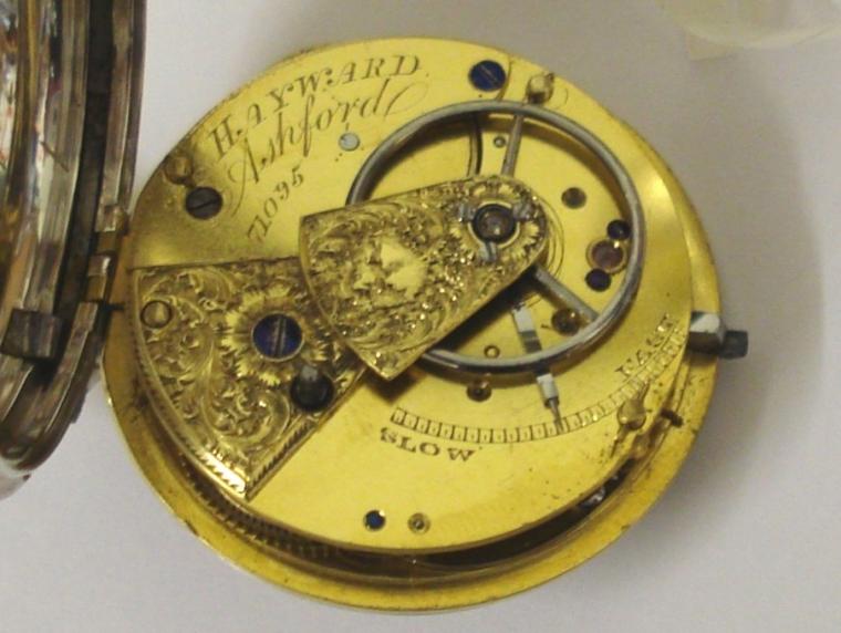 English lever silver cased key wound fusee pocket watch by Haywood of Ashford, hallmarked throughout for London 1843. Floral engraved silver dial with gilt Roman hours and matching gilt hands with subsidiary seconds dial. Engraved back plate signed and numbered #71095 with decorated cock piece and diamond end stone.