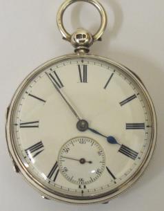 English jewelled lever silver cased key wound fusee pocket watch with London hallmark for 1865. White enamel dial with black Roman hours and blued steel hands with subsidiary seconds dial. Floral engraved cock piece with back plate numbered #3505 and gem set end stone, maker unknown.