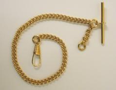 Modern gilt metal pocket watch chain with 't' bar and snap 9.5".