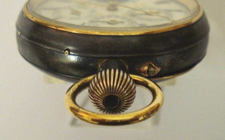 Swiss Full Calendar pocket watch in a blued steel case with top wind and rocking bar time change c1890. White enamel dial showing slight defects, black Roman hours with gilt hands and subsidiary seconds dial. Additional subsidiary dials displaying Day, Date and Month with Moon Phase indicator within the seconds dial. Swiss jewelled lever split bar movement with bi-metallic balance and numbered 11,170 and 9835.