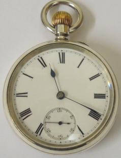 English silver cased open face pocket watch by the Lancashire Watch Company with top wind and rocking bar time change. White enamel dial with black Roman hours, blued steel hands and subsidiary seconds dial. Three quarter plate jewelled lever movement with split bi-metallic balance and overcoil hairspring and numbered #12721 with case numbered #737 and hallmarked for Chester circa 1895.