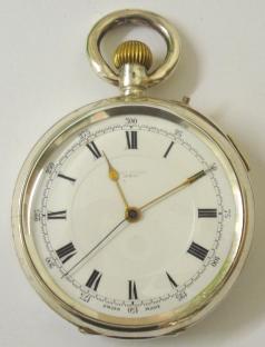 Swiss silver cased pocket watch with London import hallmark for 1919 retailed by John Russell, London. Top wind and rocking bar time change with white enamel dial and black Roman hours with gilt hands and blued sweep seconds hand. Unsigned 3/4 plate jewelled lever movement with chronograph style stop button at 2 o/c, case numbered #59833.