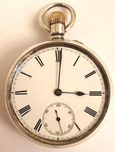 English silver 3/4 quarter plate pocket watch by the Lancashire Watch Company Ltd. and retailed by A.Wehrle & Sons, Sidney St., Cambridge with Chester hallmarked case for circa1895. Top wind and rocking bar time change with white enamel dial and black Roman hours with black steel hands and a subsidiary seconds dial at 6 o/c. Split bi-metallic balance with overcoil hairspring, signed for A.Wehrle and numbered #120597.