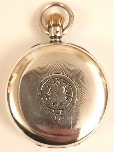 English silver 3/4 quarter plate pocket watch by the Lancashire Watch Company Ltd. and retailed by A.Wehrle & Sons, Sidney St., Cambridge with Chester hallmarked case for circa1895. Top wind and rocking bar time change with white enamel dial and black Roman hours with black steel hands and a subsidiary seconds dial at 6 o/c. Split bi-metallic balance with overcoil hairspring, signed for A.Wehrle and numbered #120597.