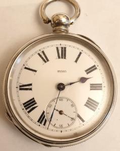 Swiss silver cased pocket watch maker unknown late 19th century. Key wind and time change with white enamel dial and black Roman hours with black spear hands and subsidiary seconds dial, the silver case marked 'Fine Silver' and numbered #49393. Unsigned 3/4 plate going barrel movement with split bi-metallic balance with #49393 numbering repeated on and under the dial.