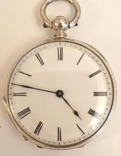 Small Swiss silver cased pocket watch maker unknown late C19th. Key wind and time change with a white enamel dial and black Roman hours with black hands. Unsigned Swiss cylinder split bar movement with case stamped 'Fine Silver' and 'CC' and numbered #98638.