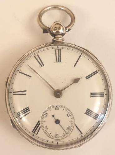 English silver cased fusee pocket watch, maker unknown. Key wind and time change with white enamel dial and black Roman hours with gilt hands and subsidiary seconds dial, the silver case hallmarked for London circa 1871. Fusee movement with floral decorated cock piece and diamond end stone unsigned but numbered #96541 which is repeated with the case hallmarks.