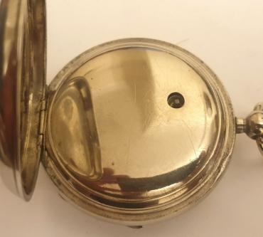 Plain nickel cased pocket watch late c19th, maker unknown. Key wind and time change with white enamel dial and black Roman hours with blued steel hands and a subsidiary seconds dial. Undecorated full plate movement with cut bi-metallic balance and jewelled lever escapement in a nickel case numbered #8927.