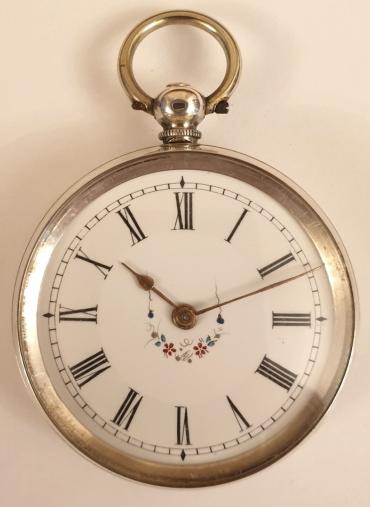 Swiss unsigned silver cased small pocket / fob watch late C19th / early C20th. Key wind and time change with floral decorated white enamel dial and black Roman hours with gilt hands, the well engraved silver case stamped 800M together with a Swiss 1882-1934 proof mark and numbered #60622 with initial 'L'. Undecorated split bar movement with cylinder escapement and jewelled balance.