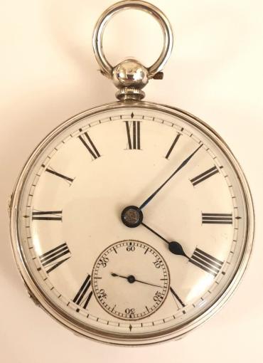 English silver cased fusee pocket watch, maker unknown. Key wind and time change with white enamel dial with black Roman hours and blued steel hands with a subsidiary seconds dial at 6 o/c, the silver case hallmarked for London circa 1864. Unsigned fusee movement with plain cock piece and a diamond end-stone with a split bi-metallic balance wheel. The silver case and cock piece are both numbered #11512.