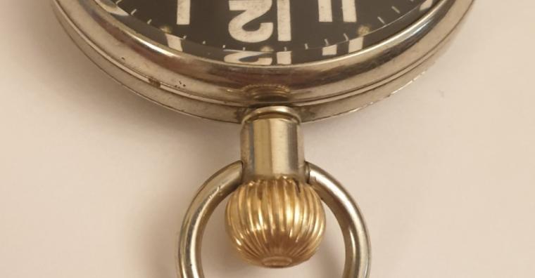 Swiss white metal cased pocket watch with worn out broad arrow mark and dial inscribed '30 Hour Luminous Mark' and 'G.S.TYPE B.E.121'. Top wind and time change with black enamel dial and white and luminous arabic hours with aged white hands and a subsidiary seconds dial at 6 o/c. Swiss case and movement signed DOXA (part of the Dirty Dozen) with a jewelled lever movement with bi-metallic balance and overcoil hairspring, the case numbered #1222803 circa 1940.