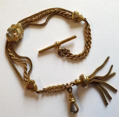 Fancy gold plated watch chain with 't' bar, snap and tassel terminal 8.5"
