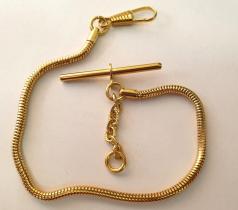 New gold plated pocket watch chain 't' bar and snap - 9.5"