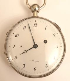 Swiss late c18th/early C19th silver cased verge quarter repeater by Meuron of La Chaux de Fonds. Key wind and time change with signed white enamel dial with black Arabic hours and blued steel hands. Silver case with coin edge and push in pendant for quarter repeat function signed and numbered N3854 inner case and verge movement with decorated and jewelled cock piece and two steel gongs.