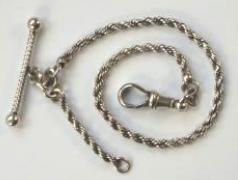 Sterling silver marked watch chain, 't' bar and snap