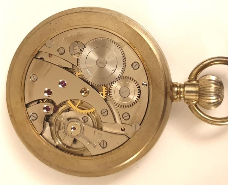 Swiss nickel cased military style pocket watch by Rotary circa 1930. Top wind and time change with signed white enamel dial with original black and luminous painted Arabic hours and blued luminous insert steel hands with subsidiary seconds dial at 6 o/c. Unitas 15 jewel jewelled lever movement in a nickel case with screw down back and front bezel.