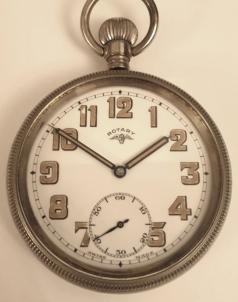 Swiss nickel cased military style pocket watch by Rotary circa 1930. Top wind and time change with signed white enamel dial with original black and luminous painted Arabic hours and blued luminous insert steel hands with subsidiary seconds dial at 6 o/c. Unitas 15 jewel jewelled lever movement in a nickel case with screw down back and front bezel.
