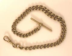 Graduated white metal pocket watch chain with 't' bar and snap c1900 11"