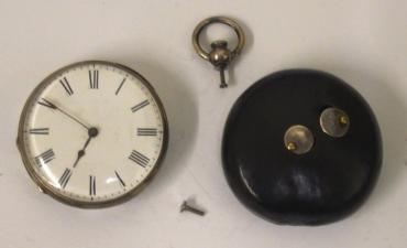 Unusual novelty English silver and wooden cased open face pocket watch. 30 hour movement with cylinder escapement in going condition.