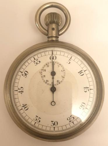 Swiss WWI 30 minute recording unsigned pocket stop watch in a nickel case. Hand wind and start, stop and return to zero functions via push in crown. White enamelled dial with black Arabic outer 60 seconds register with 30 minute time recording subsidiary dial. Swiss unsigned jewelled lever escapement.