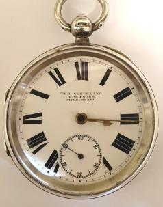 English silver cased pocket watch 'The Cleveland' by The Lancashire Watch Co., retailed by T.G. Poole, Middlesbro, the 'TPH' case hallmarked for Chester 1895 and numbered 12697. Key wind and time change with retailer signed white enamel dial with black Roman hours and gilt hands and subsidiary seconds dial. Back plate signed T. Gibson Poole and numbered 198161 with decorated cock piece, going barrel movement with split bi-metallic jewelled balance.