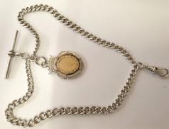 Silver double chain with 't' bar, snap & silver and gold medal fob  8" - 37 grams
