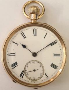 English open face pocket watch in a 9ct gold case c1910/20. Top wind and pin set rocking bar time change. White enamel dial with black Roman hours and blued steel hands with a subsidiary seconds dial at 6 o/c. Side opening 3/4 plate jewelled lever movement with overcoil hairspring and split bi-metallic balance and numbered 140452.