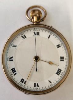Swiss 9ct gold cased doctor's style pocket watch bearing a London import hallmark for c1914. Top wind and pin set rocking bar time change with a 'stop seconds' slide control and white enamel 1/5 of a second recording dial with black Roman hours gilt hands and blued sweep seconds hand. Swiss 3/4 plate jewelled lever movement unsigned but with case back by 'GS' and numbered 63106.