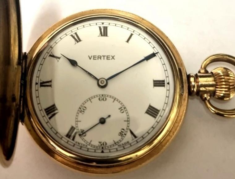 Swiss Vertex full hunter pocket watch circa 1930 in a gold plated Dennison Star case numbered 320276. Top wind and time change with plain outer case over a signed white enamel dial with black Roman hours and blued steel hands with a subsidiary seconds dial at 6 o/c. Signed Swiss 15 jewel jewelled lever calibre 31 movement with overcoil hairspring and split bi-metallic balance.