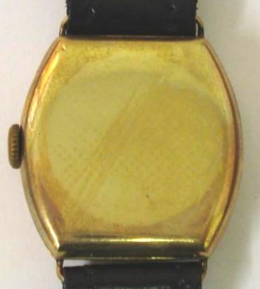 Swiss Vertex manual wind wrist watch in a 9ct gold case on a black leather strap with gilt buckle. White dial (restored in house), blued steel hands and black Arabic hour markers and minute track, with subsidiary seconds dial at 6 o'clock. The 17 jewel movement features a bi-metal split balance and is signed by the Vertex Watch Company and dates from the 1930s.