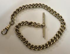 Early c20th nickel pocket watch chain with 'T' bar and snap - 10.5"