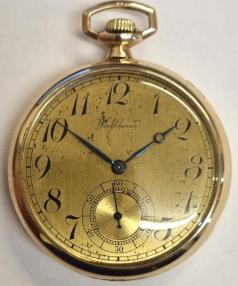 AWW Waltham gold plated dress pocket watch c1920 with top wind and time change. Signed champagne coloured dial with black Arabic hours and blued steel hands with subsidiary seconds dial. Signed American 7 jewel jewelled lever movement numbered 24267401 with breguet style overcoil hairspring and split bi-metallic balance. Screw down bezel and case back with the case back signed and numbered 3609937 and bearing a engraved initials 'GB'.
